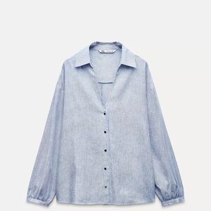 Zara Linen Blend Blue Striped Button-Up Shirt NWT
